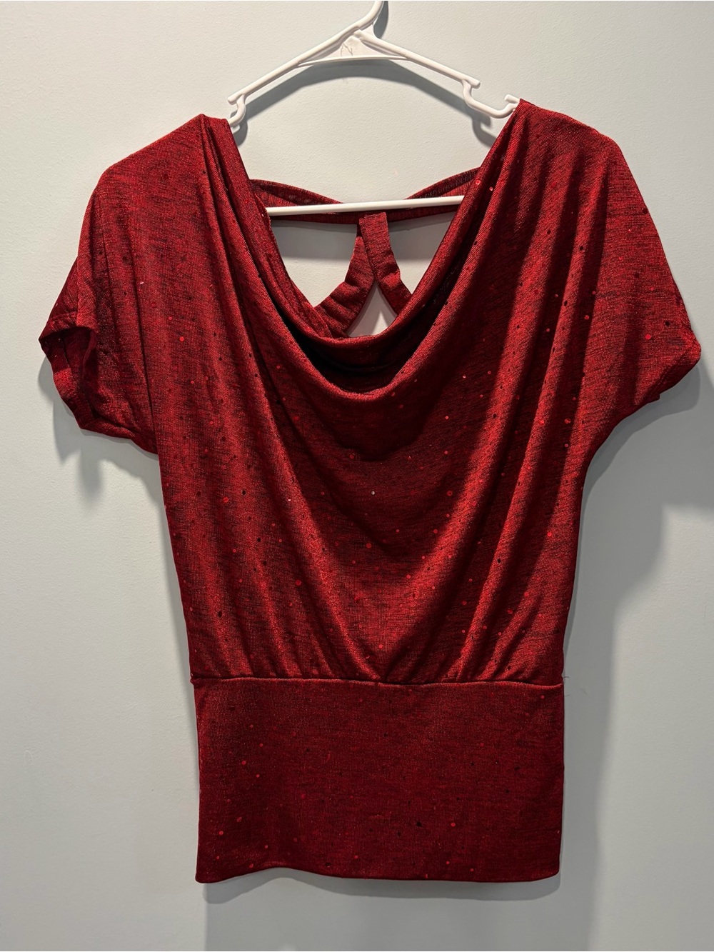 HeartSoul Red Glitter Sparkle Criss Cross Back Cowl Neck Top Size Small